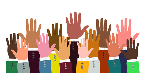 Colored volunteer crowd hands in men's suit isolated on white background. Raised hand silhouettes, people colorful voting vector illustration. Teamwork, collaboration, voting, volunteering concert.