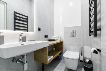 interior photo, small bathroom, with white marble tiles, and shower