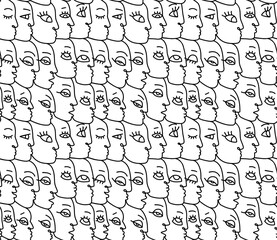 Linear drawing abstract faces seamless pattern. Modern aesthetic print, minimalism, contour line art. Continuous with people faces. Vector hand drawn illustration