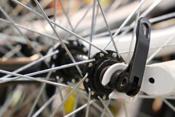 Fototapeta premium Bicycle spokes close-up. Close up of an Bicycle Wheel.