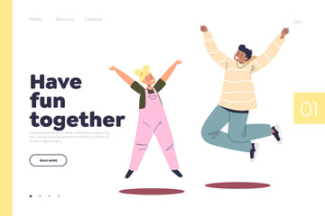 Have fun together concept of landing page with happy cheerful kids jumping up