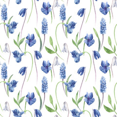 Beautiful watercolor blue flowers on a white background. Watercolor seamless botanical pattern.