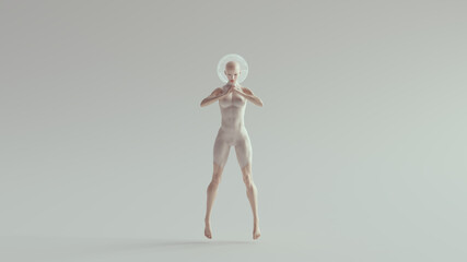 Tall Futuristic Sci Fi Ballerina Space woman in a White Body Suit with Retro Glass Bowl Helmet 3d illustration render