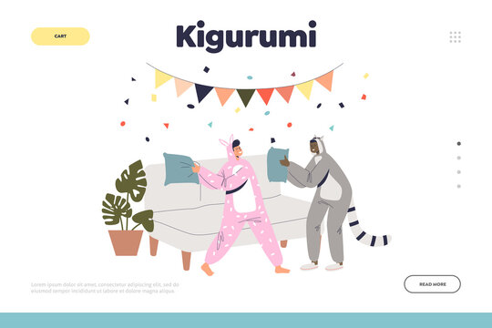 Kigurumi party concept of landing page with boy and girl animal jumpsuit pajamas fighting pillows