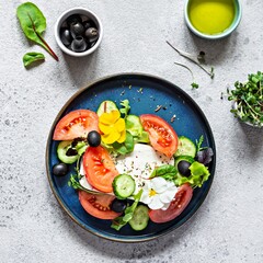 Appetizing salad with feta cheese, fresh vegetables (tomatoes, cucumbers, onions), crispy lettuce, microgreens and violet flowers. Non-standard serving of Greek salad. Food with flowers