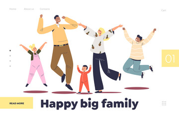 Happy big family concept of landing page with cheerful parents and kids jumping