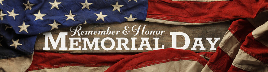 US American flag covering distressed and worn wood. Wallpaper for USA Memorial Day with Remember...