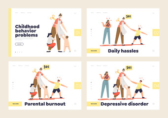 Tired parents burnout, depression and disorder set of landing pages with frustrated mom and kids