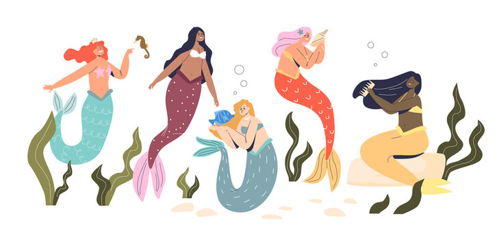 Group of beautiful mermaids, mystery underwater princesses with colorful long hair and fish tail