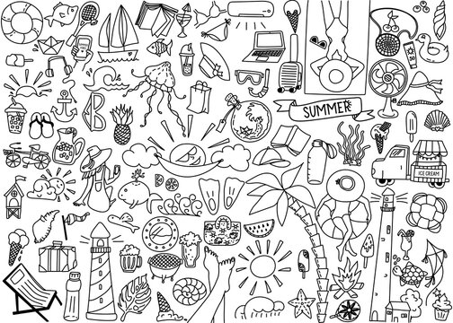 Big set of summer doodle with suitcase, sunglasses, girls, books, cocktails, hat, lifeline, sailboat and ice cream. Vector travel illustrations on white background. More 90 elements