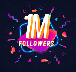 1m followers celebration in social media vector web banner on dark background. One million follows 3d Isolated design elements