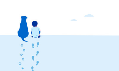 Little boy and a dog sit together and look the sky