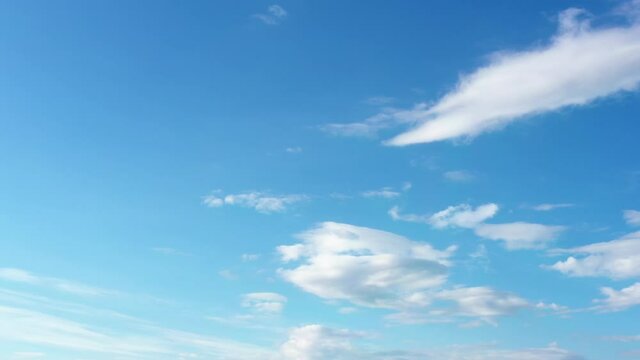 Beautiful blue sky with white clouds. View of natural background, pan
