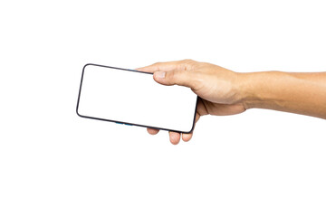 Hand holding black smartphone isolated on white background.