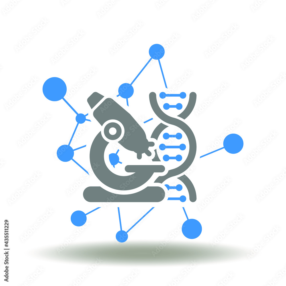 Poster microscope with dna helix and molecule vector illustration. science lab research symbol.