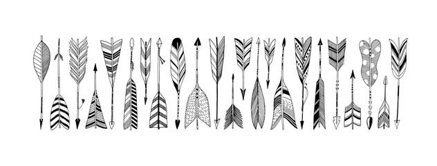 Arrow set in Native American Indian style. Vector tribal illustration. Set of ethnic arrows with different tips and plumage isolated on white background. Hand drawn decorative black symbols. 