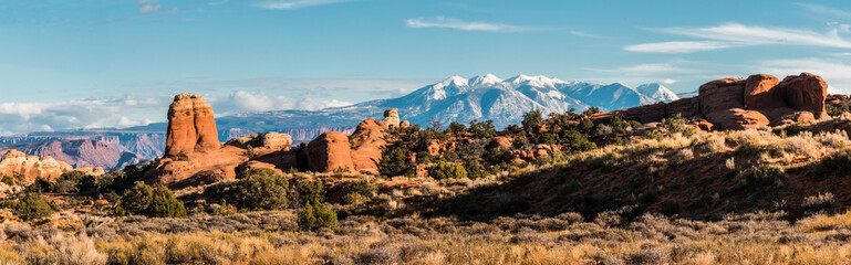 Slick Rock and The Snow Capped La Sal Mountains on The Broken Arch Trail, Arches National Park, Utah, USA