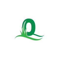 Letter O behind a green grass icon logo design vector