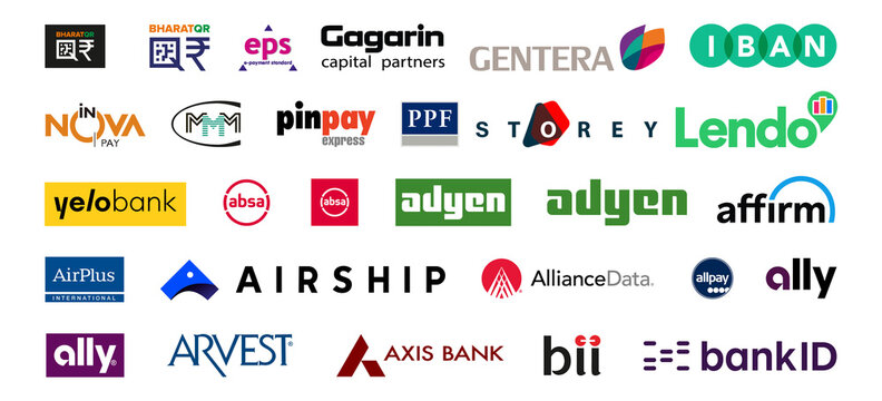 logos of famous banks of the world, badges with logos of companies and banks