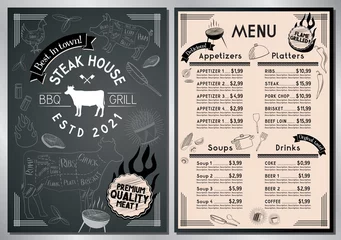 Fotobehang Steakhouse, barbecue grill bar menu template - A4 card (steaks, appetizers, sides, soups, drinks) © PX Media