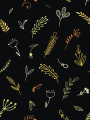 Dark seamless pattern with floral elements. Vector vintage stock illustration. Hand drawn vector illustration.