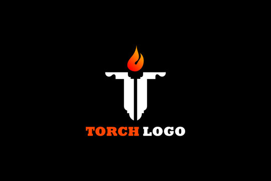 Flat vector logo element with flames illustration and initials "T" forming an athlete image and torch illustration in negative space. Usable for general business and sports logos.