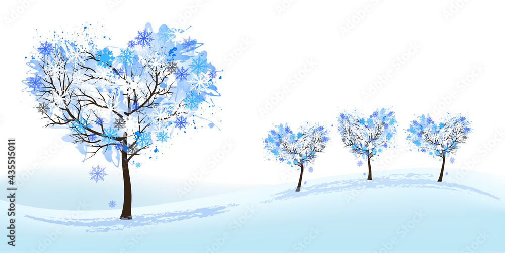 Poster Nature Background with stylized trees representing different seasons - winter. Vector.