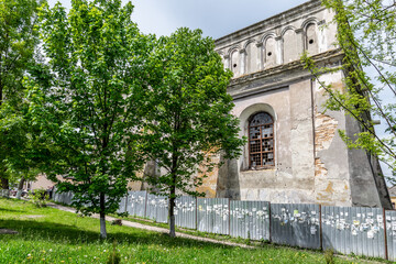 Fototapeta na wymiar Zhovkva, Ukraine - 25.05.2021: The ruins of Zvovkva Synagogue.