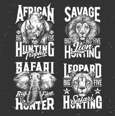 Safari hunting tshirt prints sketch vector rhino, lion, leopard and elephant wild African animals. Hunting club mascots, hunter or safari society labels with animals heads or muzzle, apparel emblems