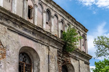 Zhovkva, Ukraine - 25.05.2021: The ruins of Zvovkva Synagogue.