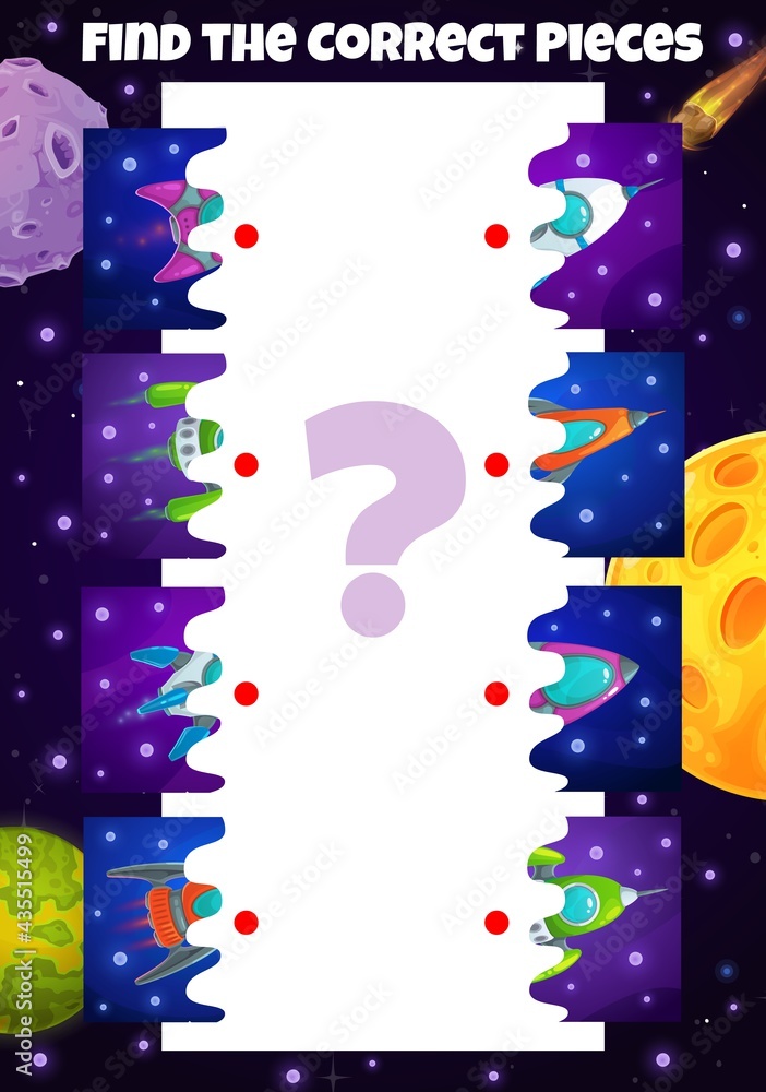 Poster correct pieces game with spaceships. match the halves kids test with rockets, vector riddle for chil