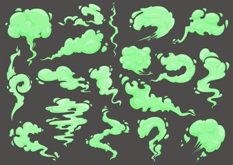 Bad green smell, odor, stench and stink vector cartoon fume, clouds, smoke or mist. Smelly odor, stinky fog, toxic gas or steam waves of fart gases, bad breath or whiff, scent of dirty body or garbage - obrazy, fototapety, plakaty