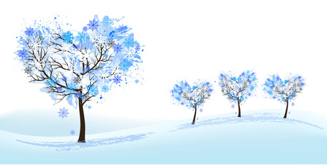 Nature Background with stylized trees representing different seasons - winter. Vector.
