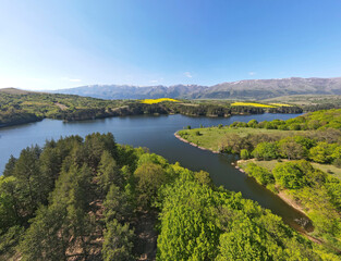 Obraz premium Aerial view of Dushantsi Reservoir, Bulgaria