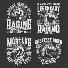 Obraz premium Tshirt prints with horse stallion heads, equestrian sport, racing club vector mascot. Mare animal, horse and typography on black grunge background. Bronco sports team monochrome t shirt prints set