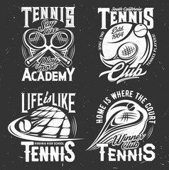 Fototapeta premium Tennis sport vector tshirt prints. Playing rackets and balls on black grunge background. Tennis sports team or academy labels with white typography. T shirt prints, isolated monochrome emblems set