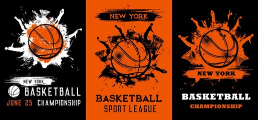Basketball championship game grunge posters, sport competition vector flyers. Basketball players jumping with ball, doing slam dunk in hoop, black, orange and white paint smudges, blobs or splatters
