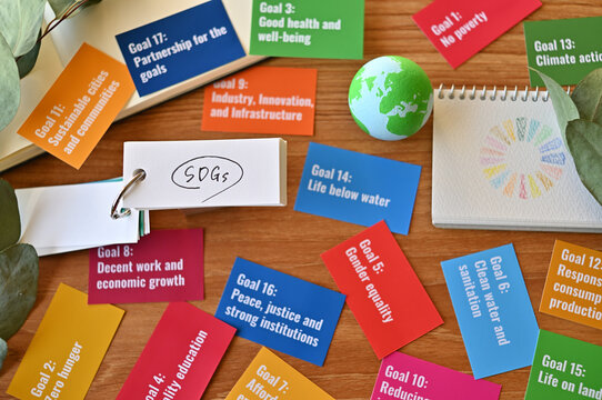 There is a table with a card with the SDG goals and a ball of earth, a small sketchbook with the SDG symbols and a word book with the letters of the SDGs.