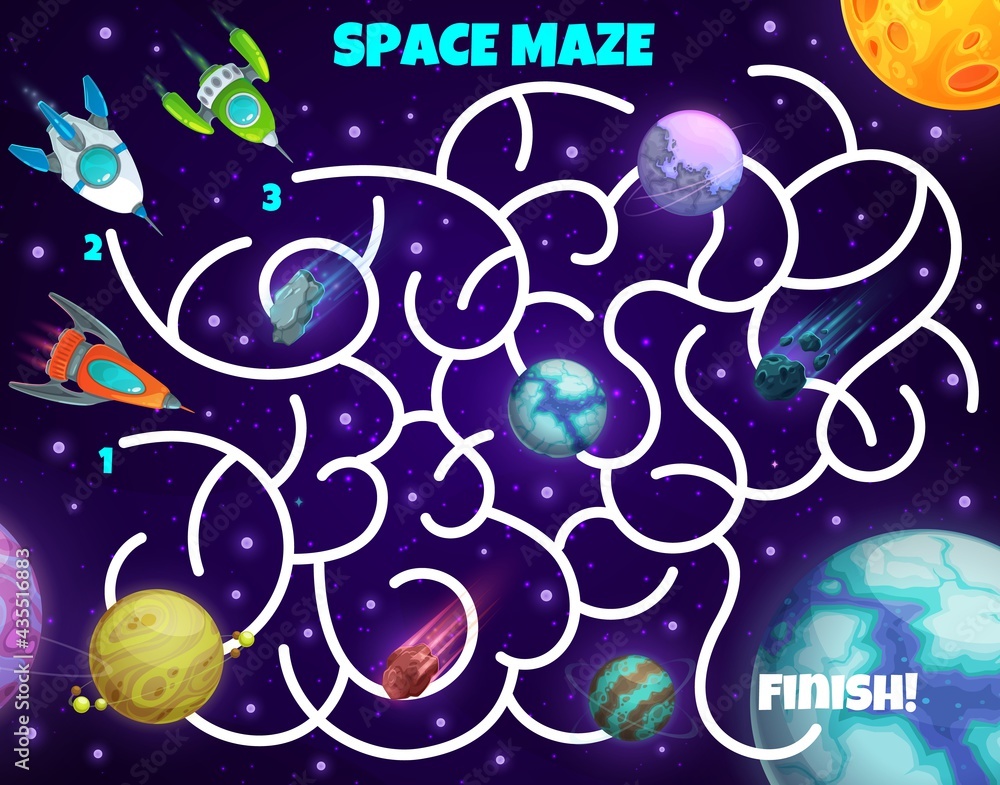 Poster Labyrinth maze game spaceships and planets. Kids vector board game with rockets in space. Boardgame with tangled path, start and finish, cartoon planets and shuttles. Educational children riddle, test