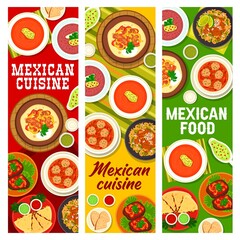Mexican cuisine meals with meat and spicy sauces banners. Beefsteak with peppers, meatball, tomato chili and salsa bean soup, salsa verde, mexican bread and beef tongue, Fajitas, quesadilla vector