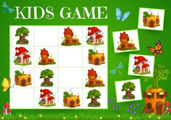 Sudoku game fairy houses of elves and gnomes. Vector carrot, boot, tree and mushroom on chequered board with cards. Kids task with cute dwellings, teaser boardgame for children sparetime activity