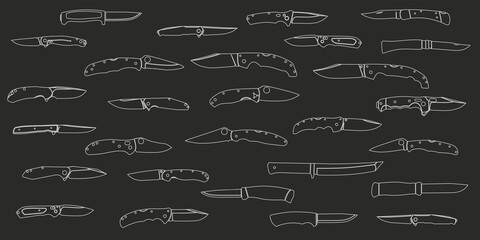 Different types of knives on a black background. Linear pattern. Vector graphics