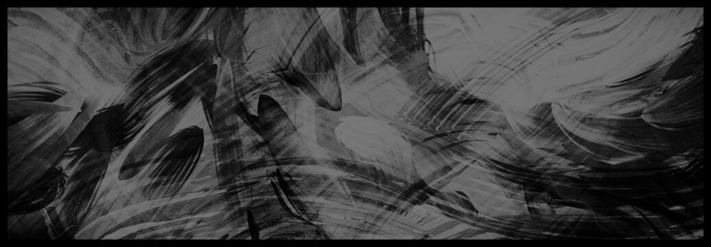 Black and white background, modern gray splash graphic art design with striped wavy patterns and brush stroke texture lines, monochrome painted artsy background