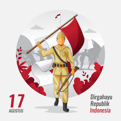 Indonesian independence greetings card with a hero carrying flag