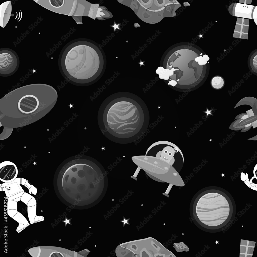Wall mural astronaut with rocket and alien in the open space