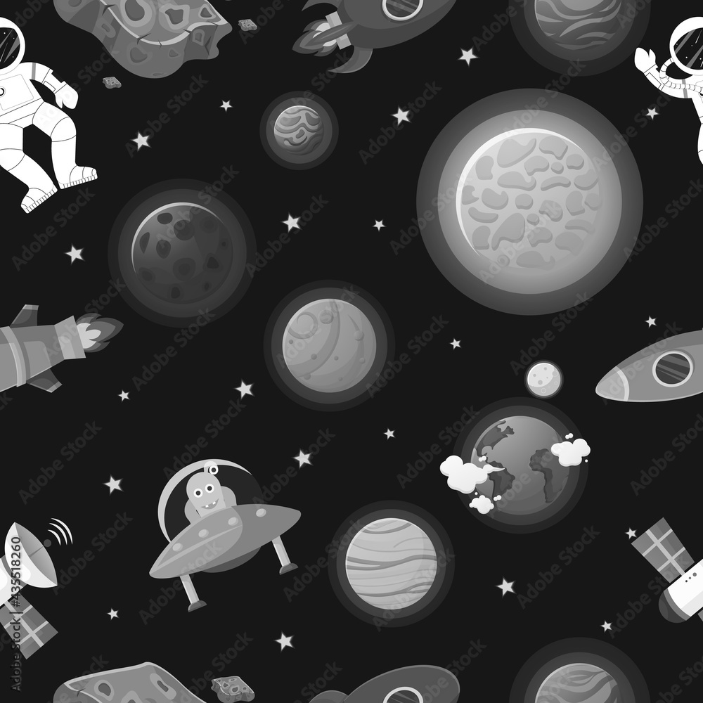 Wall mural astronaut with rocket and alien in the open space