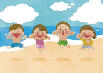 Obraz na płótnie Canvas 海辺で水着でジャンプする小学生の子供たち