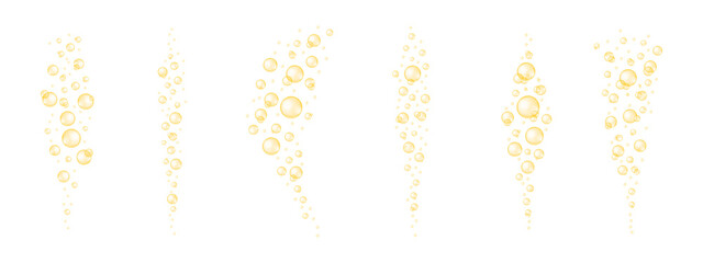 Golden shiny bubbles streaming set. Glossy collagen, serum, jojoba cosmetic oil, vitamin A or E, omega fatty acids balls collection. Vector realistic illustration.
