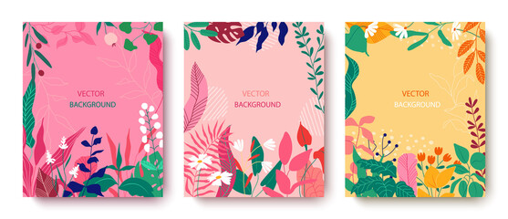 Set of bright abstract cards with tropical leaves. Creative doodles of various shapes and textures. Vector illustration ideal for prints, flyers, banners, cards, invitations