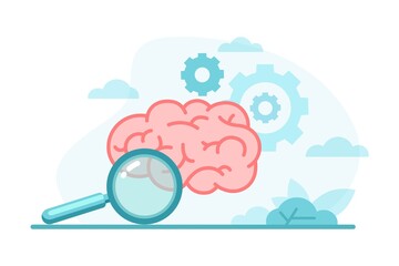 Colorful human brain with gears, magnifying glass in flat style. Creative thinking, education, research, business idea, mental health concept. Design for learning,  trainings, courses.